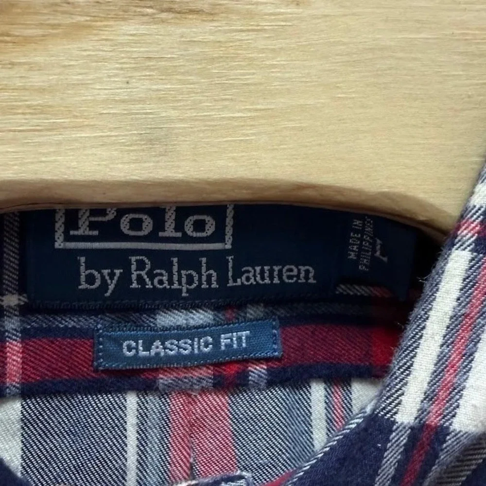 Polo Ralph Lauren Mens Large‎ Classic Fit Plaid Flannel Shirt Navy Red Cotton